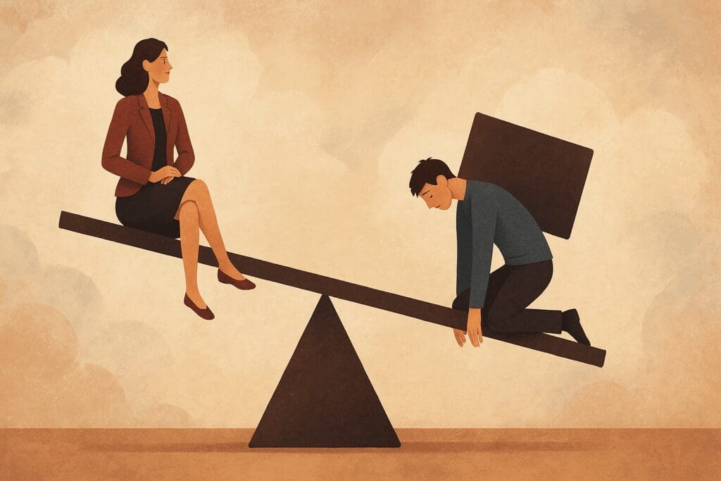 Balance scale showing relational power shift—confident woman outweighs slumping man, symbolizing how imbalance in relationships can affect intimacy, raising the question: can a woman cause erectile dysfunction.