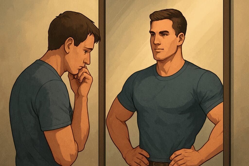 Man facing a mirror showing a confident and an anxious reflection, symbolizing self-image and emotional struggles related to can a woman cause erectile dysfunction.