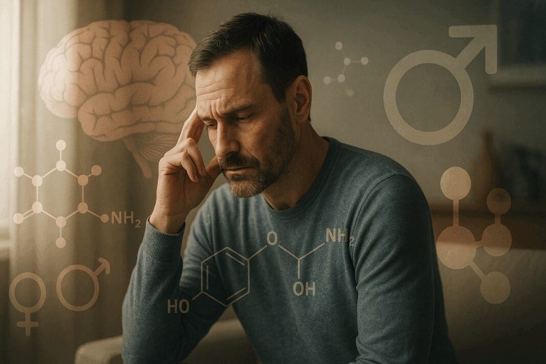 Thoughtful man reflecting on buspirone side effects sexually male, with brain and neurotransmitter visuals overlayed.