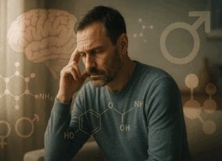 The Surprising Truth About Buspirone Side Effects Sexually Male Patients Should Know Thoughtful man reflecting on buspirone side effects sexually male, with brain and neurotransmitter visuals overlayed.