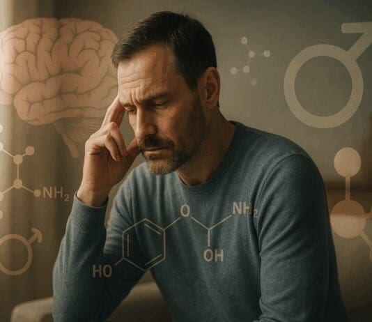 Thoughtful man reflecting on buspirone side effects sexually male, with brain and neurotransmitter visuals overlayed.