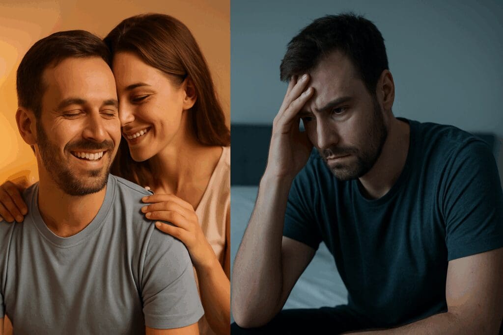 Split image showing the dual effects of buspirone side effects sexually male patients report—one side depicts intimacy and relief, the other loneliness and frustration.