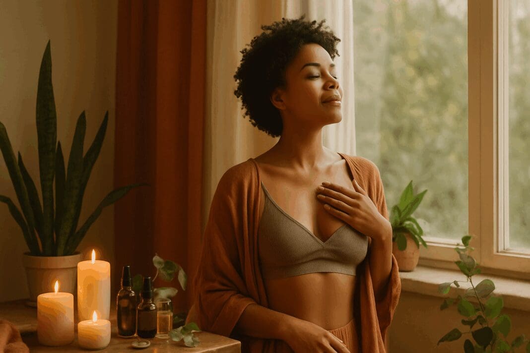Confident woman practicing self-care near a sunlit window with candles, plants, and essential oils—symbolizing natural ways to increase libido while on birth control.