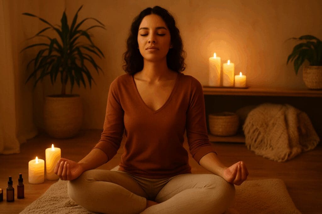 Woman practicing sensual breathwork surrounded by candles and essential oils—natural ways to increase libido while on birth control.