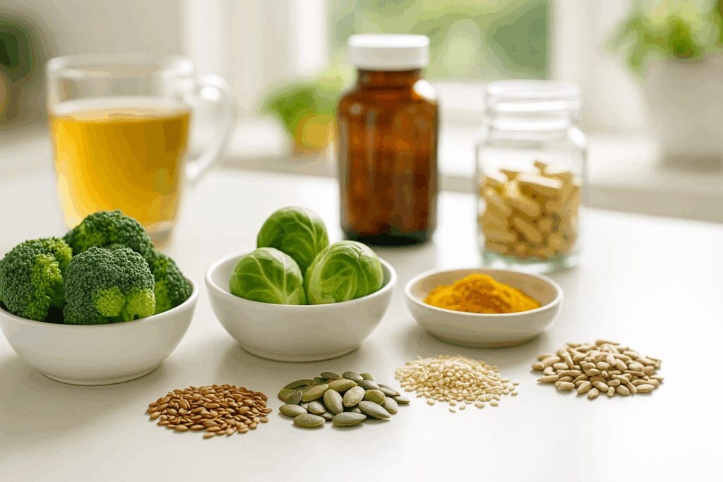 Hormone-supporting foods like broccoli, Brussels sprouts, flax seeds, and turmeric arranged on a kitchen counter—showcasing natural ways to increase libido while on birth control.