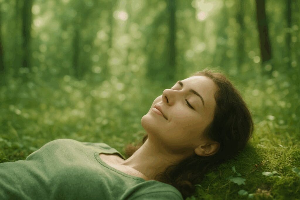Woman practicing forest bathing in a green meadow, symbolizing natural ways to increase libido while on birth control
