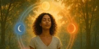The 4 Cycles of Period: A Vital Guide to Understanding Hormonal Shifts and Sexual Health Serene woman in sunlit forest encircled by glowing symbols representing the 4 cycles of period, evoking balance and rhythm.