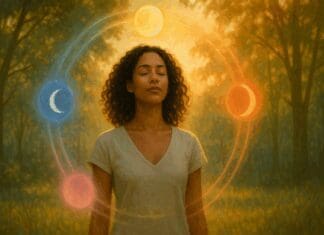 Serene woman in sunlit forest encircled by glowing symbols representing the 4 cycles of period, evoking balance and rhythm.