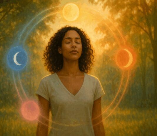 Serene woman in sunlit forest encircled by glowing symbols representing the 4 cycles of period, evoking balance and rhythm.