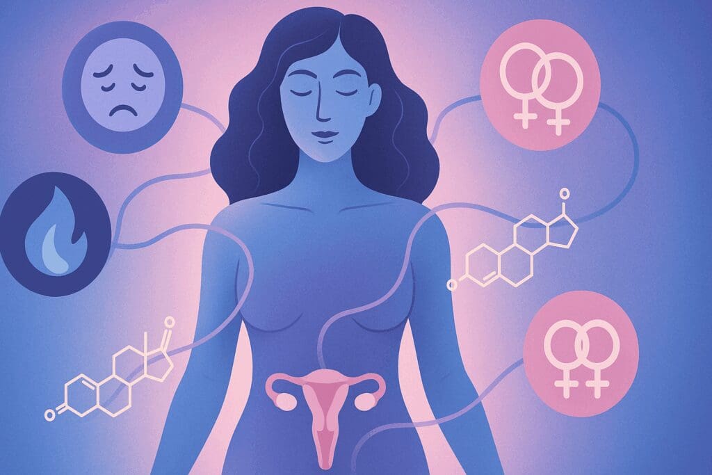 Stylized illustration of a woman with symbolic icons representing mood, metabolism, cognition, and hormones to depict the 4 cycles of period.

