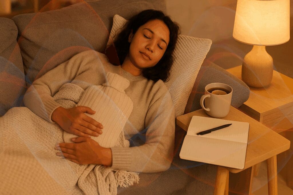 Woman resting under a blanket with a hot water bottle during the menstrual phase, symbolizing comfort in the 4 cycles of period.