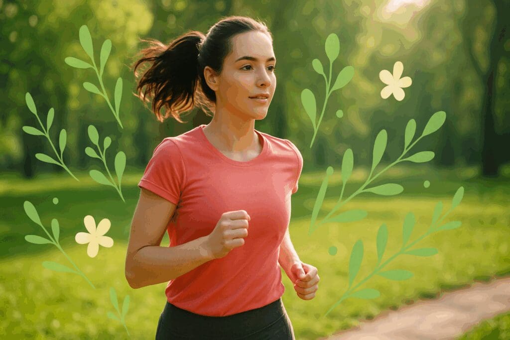 Woman jogging in a sunlit park with floral accents, symbolizing hormonal balance during the follicular phase of the 4 cycles of period.