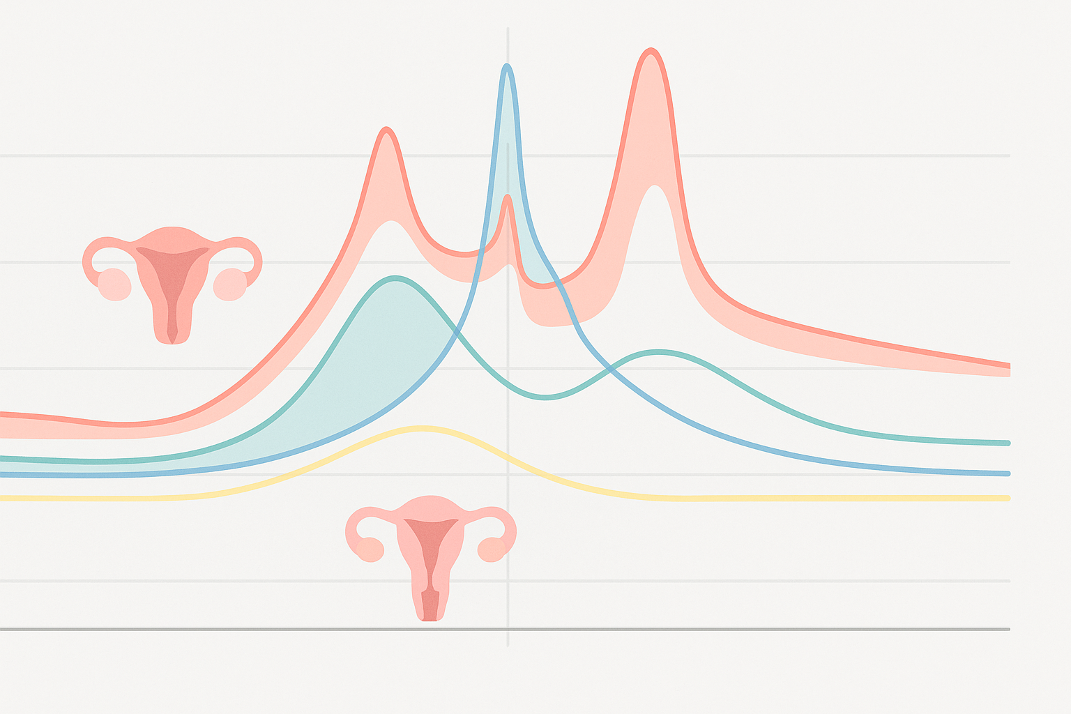 Diagram showing the 4 cycles of period with colored hormone curves for FSH, estrogen, LH, and progesterone across the menstrual timeline
