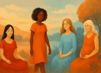 Diverse group of women symbolizing menstrual phases in nature, representing how can your period date change every month