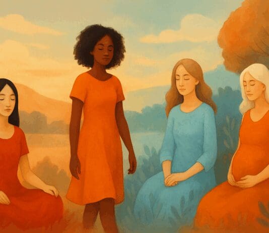 Diverse group of women symbolizing menstrual phases in nature, representing how can your period date change every month