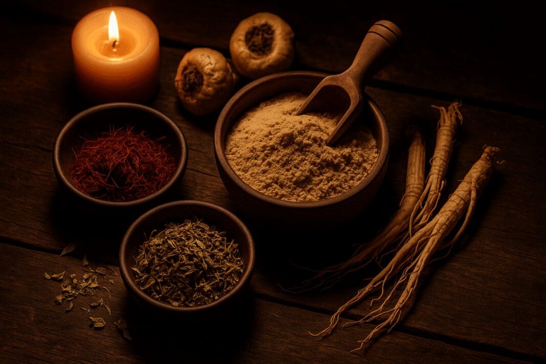 Rustic flat-lay of aphrodisiac herbs including maca root, saffron, ginseng, and damiana on a wooden table lit by candlelight