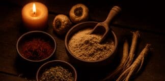 10 Powerful Aphrodisiac Herbs That May Naturally Boost Libido and Desire Rustic flat-lay of aphrodisiac herbs including maca root, saffron, ginseng, and damiana on a wooden table lit by candlelight