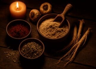 10 Powerful Aphrodisiac Herbs That May Naturally Boost Libido and Desire Rustic flat-lay of aphrodisiac herbs including maca root, saffron, ginseng, and damiana on a wooden table lit by candlelight