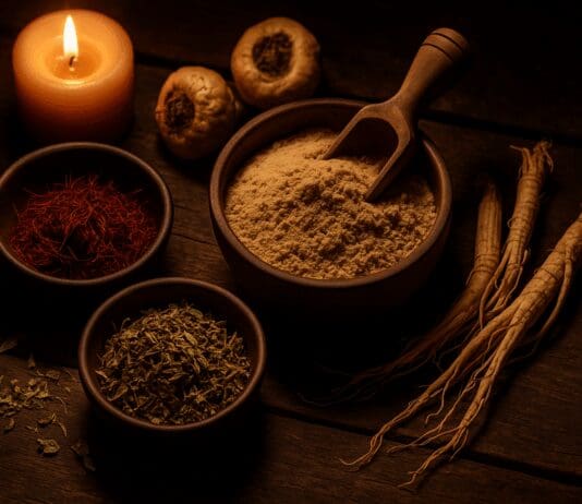 Rustic flat-lay of aphrodisiac herbs including maca root, saffron, ginseng, and damiana on a wooden table lit by candlelight