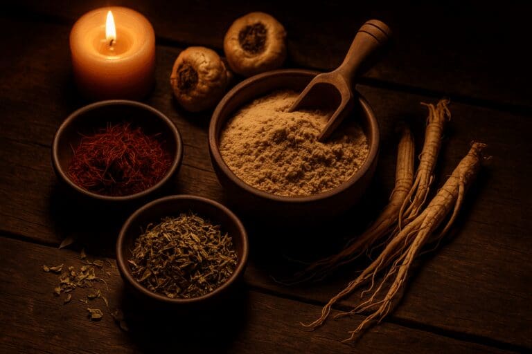 Rustic flat-lay of aphrodisiac herbs including maca root, saffron, ginseng, and damiana on a wooden table lit by candlelight