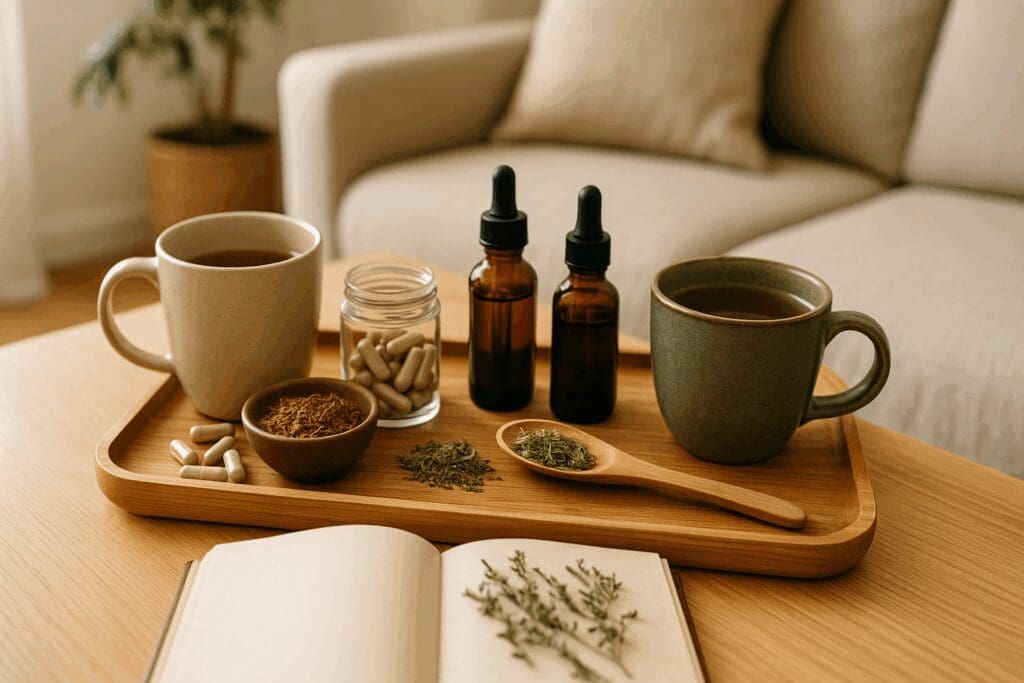 Wooden tray with aphrodisiac herbs in teas, capsules, tinctures, and dried form beside a herbal journal in a cozy home setting