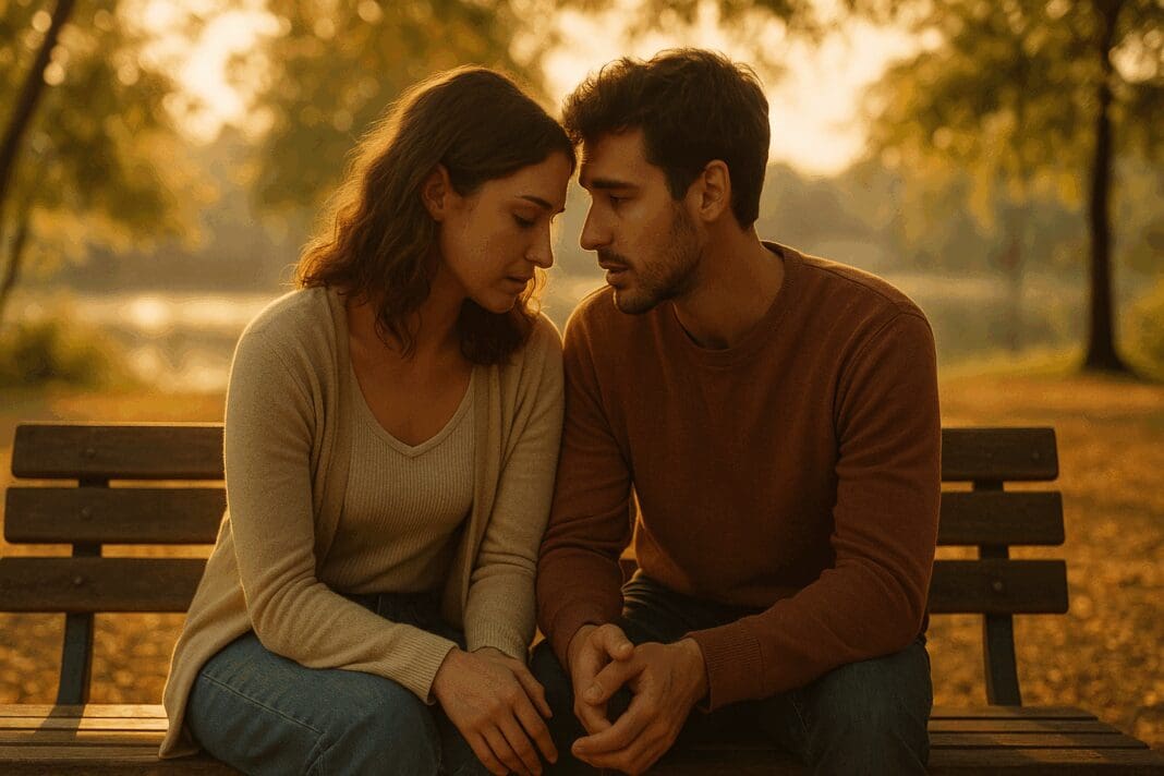 Couple sitting close on a park bench during golden hour, having an intimate conversation about how to make a relationship work