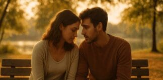 10 Proven Ways to Strengthen Intimacy and Communication: How to Make a Relationship Work Couple sitting close on a park bench during golden hour, having an intimate conversation about how to make a relationship work
