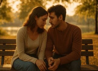 Couple sitting close on a park bench during golden hour, having an intimate conversation about how to make a relationship work