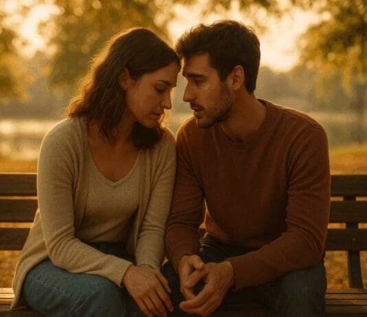 Couple sitting close on a park bench during golden hour, having an intimate conversation about how to make a relationship work