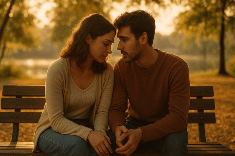 Couple sitting close on a park bench during golden hour, having an intimate conversation about how to make a relationship work