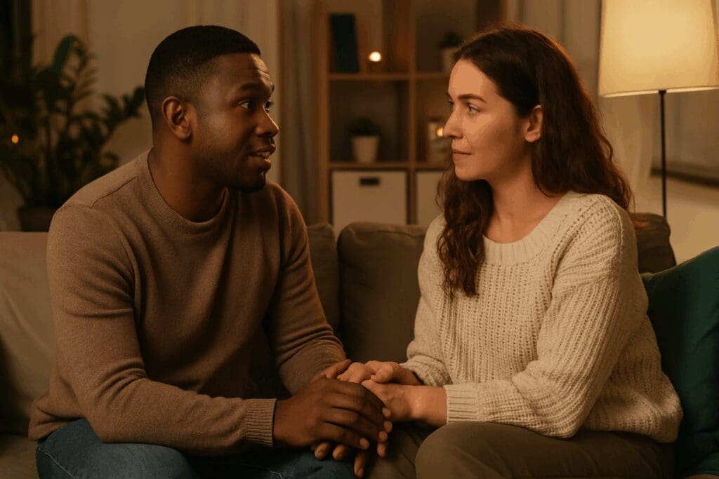 Couple sitting on a cozy couch holding hands and having a deep conversation, showing how to make a relationship work.

