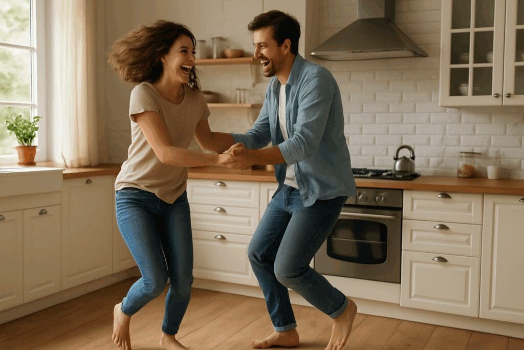 Happy couple dancing barefoot in a cozy kitchen, laughing and reconnecting as part of learning how to make a relationship work