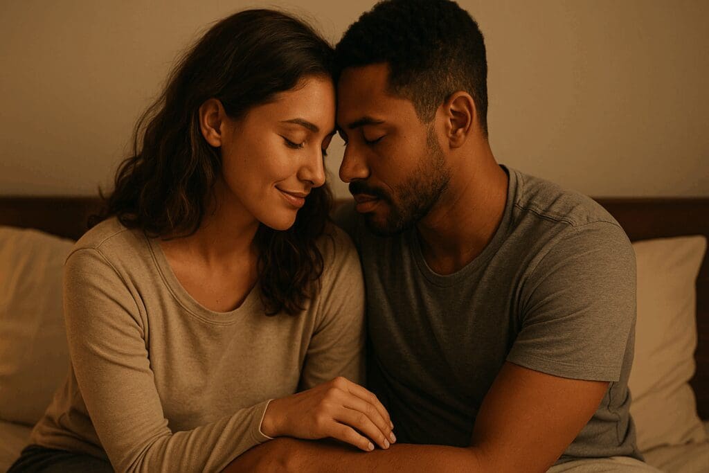 Couple sharing an intimate moment in warm lighting, gently touching foreheads in a cozy bedroom, illustrating how to make a relationship work through emotional connection.
