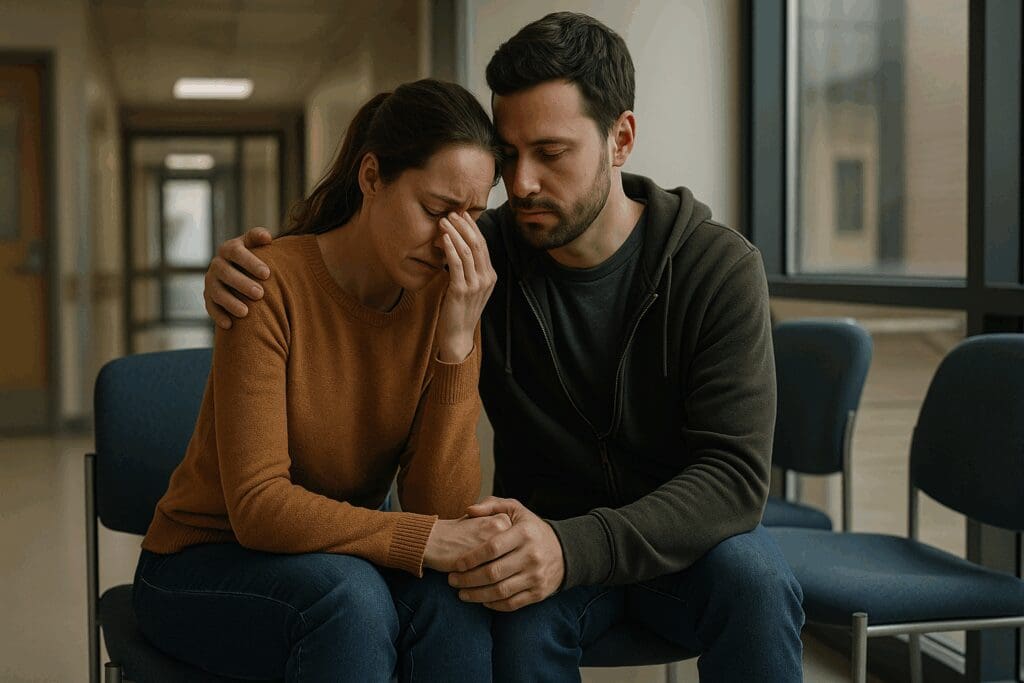 Couple supporting each other in a hospital waiting room, showing emotional strength and unity—how to make a relationship work during hard times.