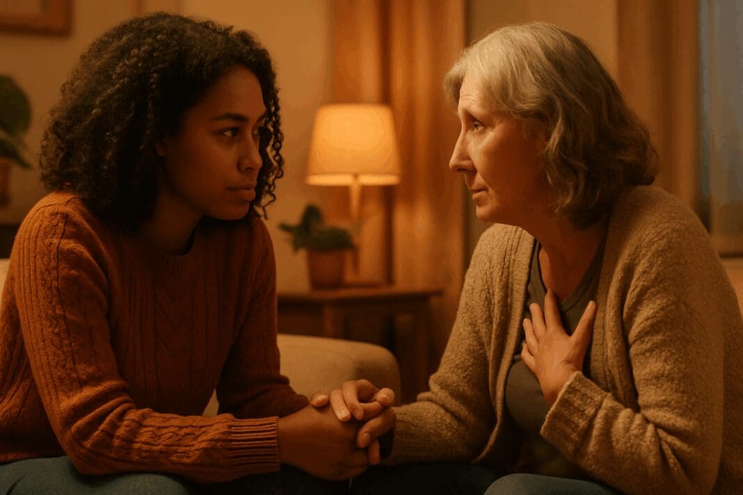 Two women demonstrating strong verbal communication skills in a warm, intimate setting, engaged in an empathetic face-to-face conversation.
