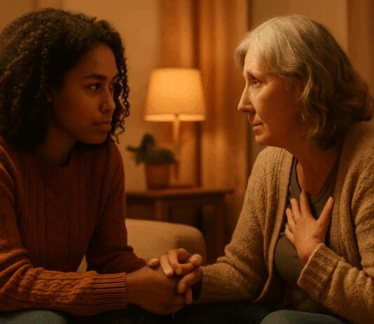 Two women demonstrating strong verbal communication skills in a warm, intimate setting, engaged in an empathetic face-to-face conversation.
