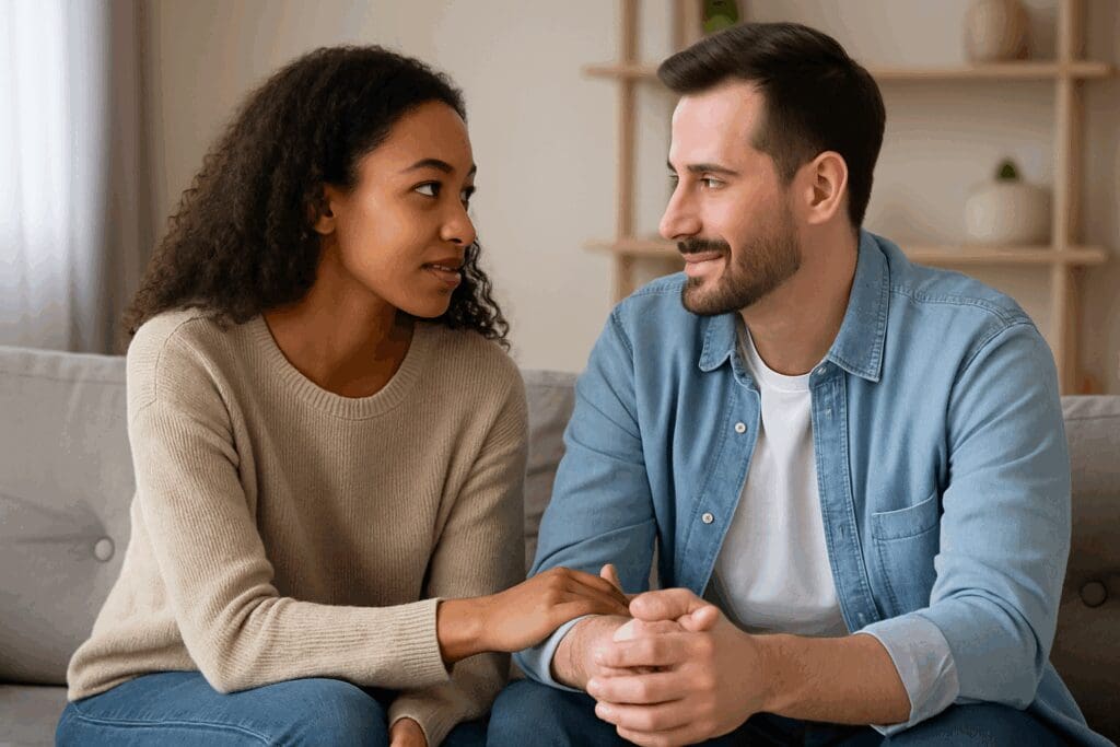 Couple sitting on a couch making eye contact during an open conversation, demonstrating strong verbal communication skills

