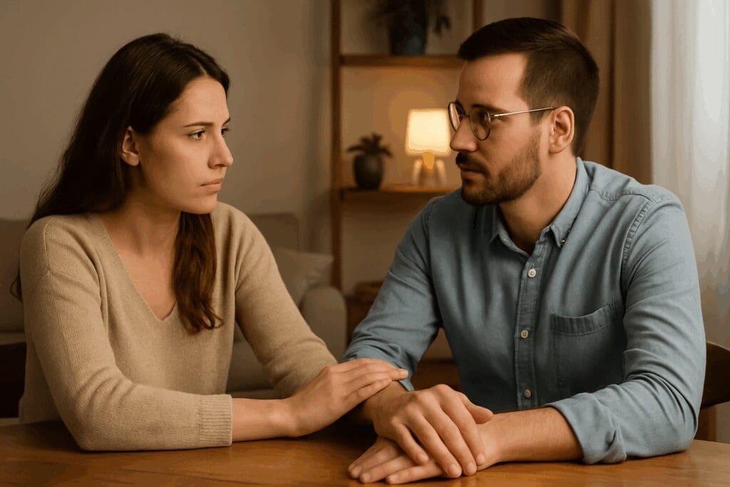 Couple demonstrating verbal communication skills while calmly resolving a conflict at home