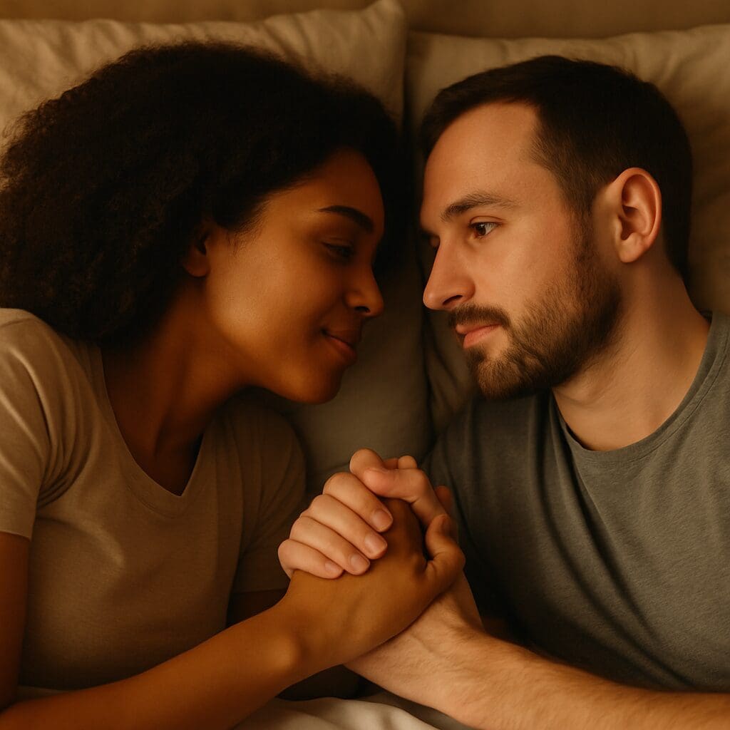 Couple lying in bed holding hands and making eye contact, illustrating trust and verbal communication skills in intimacy.