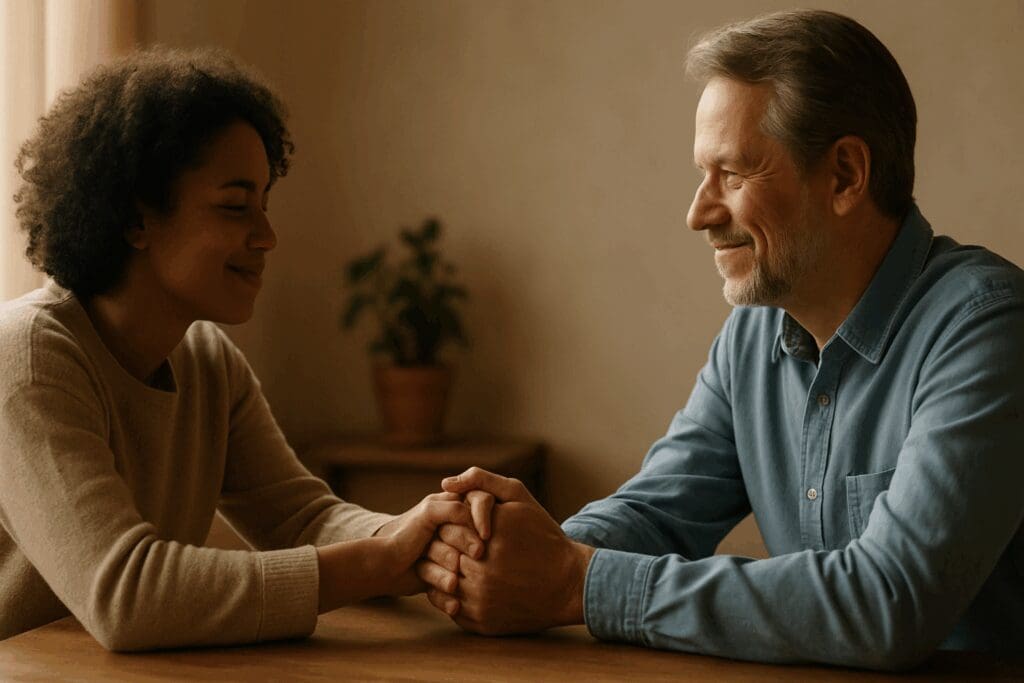 Two people clasping hands across a table, sharing a soft smile in a warm setting, demonstrating improved verbal communication skills.