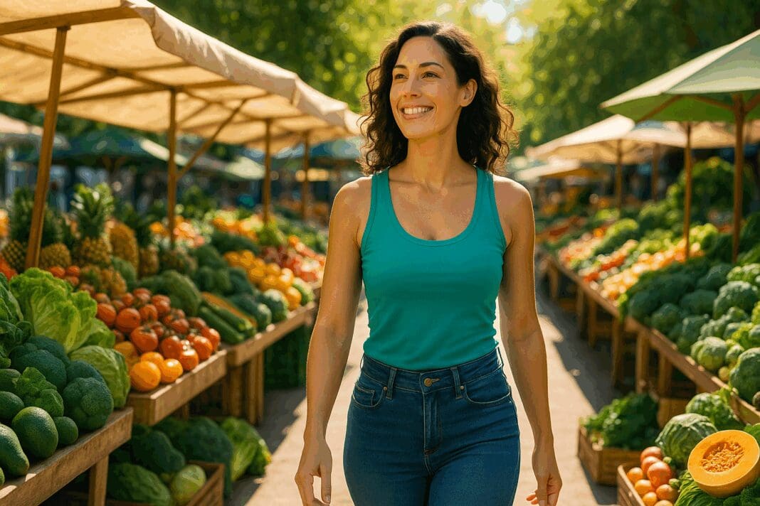 Confident woman in her 30s walking through a vibrant farmer’s market surrounded by colorful produce, symbolizing healthy food for ladies.