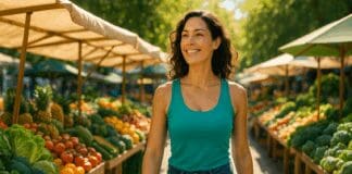Confident woman in her 30s walking through a vibrant farmer’s market surrounded by colorful produce, symbolizing healthy food for ladies.