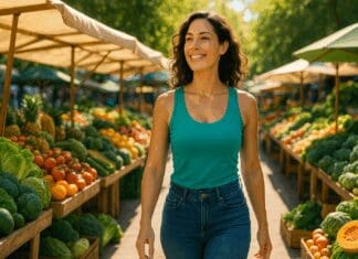 Confident woman in her 30s walking through a vibrant farmer’s market surrounded by colorful produce, symbolizing healthy food for ladies.