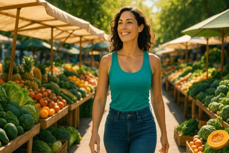 Confident woman in her 30s walking through a vibrant farmer’s market surrounded by colorful produce, symbolizing healthy food for ladies.