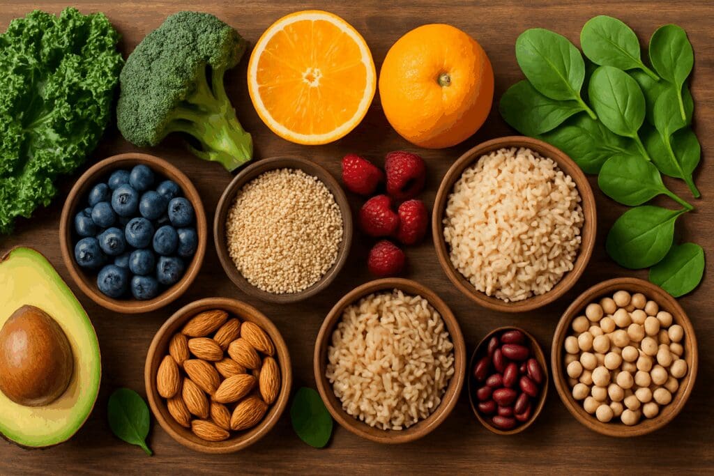 Flat lay of healthy food for ladies with leafy greens, berries, legumes, citrus fruits, whole grains, nuts, and seeds on a wooden table.
