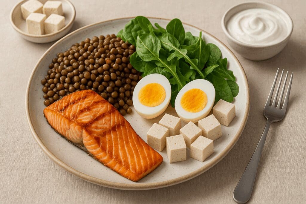 Grilled salmon, lentils, tofu, Greek yogurt, eggs, and leafy greens on a plate showcasing healthy food for ladies.