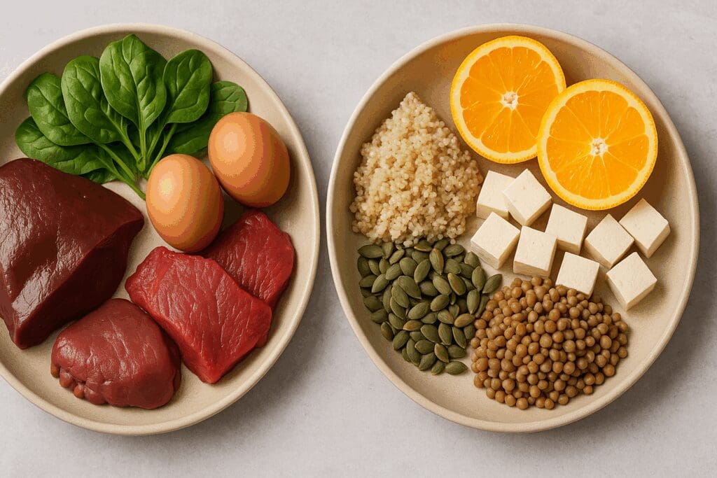 Two bowls side by side showing healthy food for ladies, with one bowl of iron-rich meat, eggs, and spinach, and the other with tofu, lentils, quinoa, seeds, and oranges.