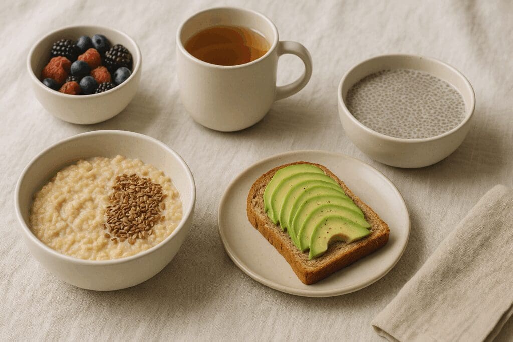 Healthy food for ladies featuring flaxseed oatmeal, avocado toast, chia pudding, berries, and herbal tea on a soft linen tablecloth.