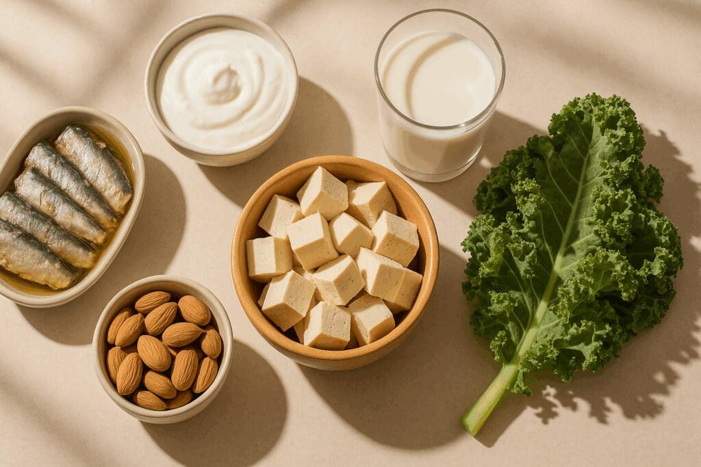 Healthy food for ladies including sardines, yogurt, tofu, almonds, kale, and fortified plant milk arranged in natural sunlight.