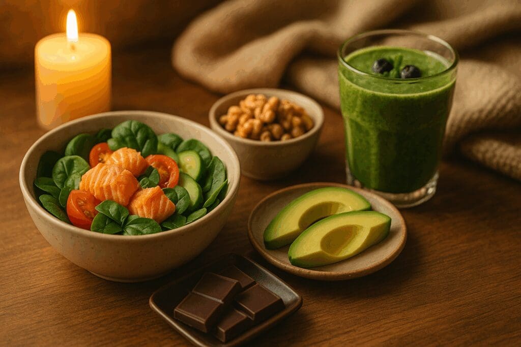 Healthy food for ladies including salmon salad, walnuts, dark chocolate, avocado slices, and a green smoothie on a cozy wooden table.